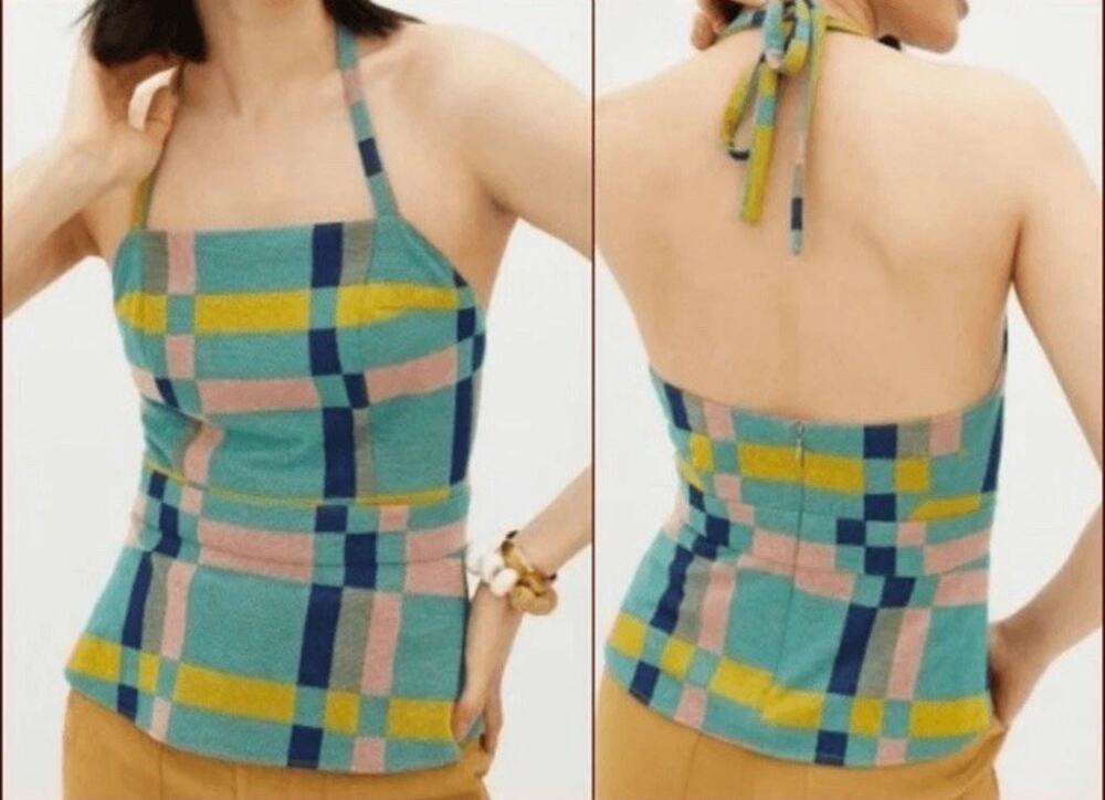 Eva Franco Anthropologie Mod Plaid Halter Top Size S MCM 1960s Retro